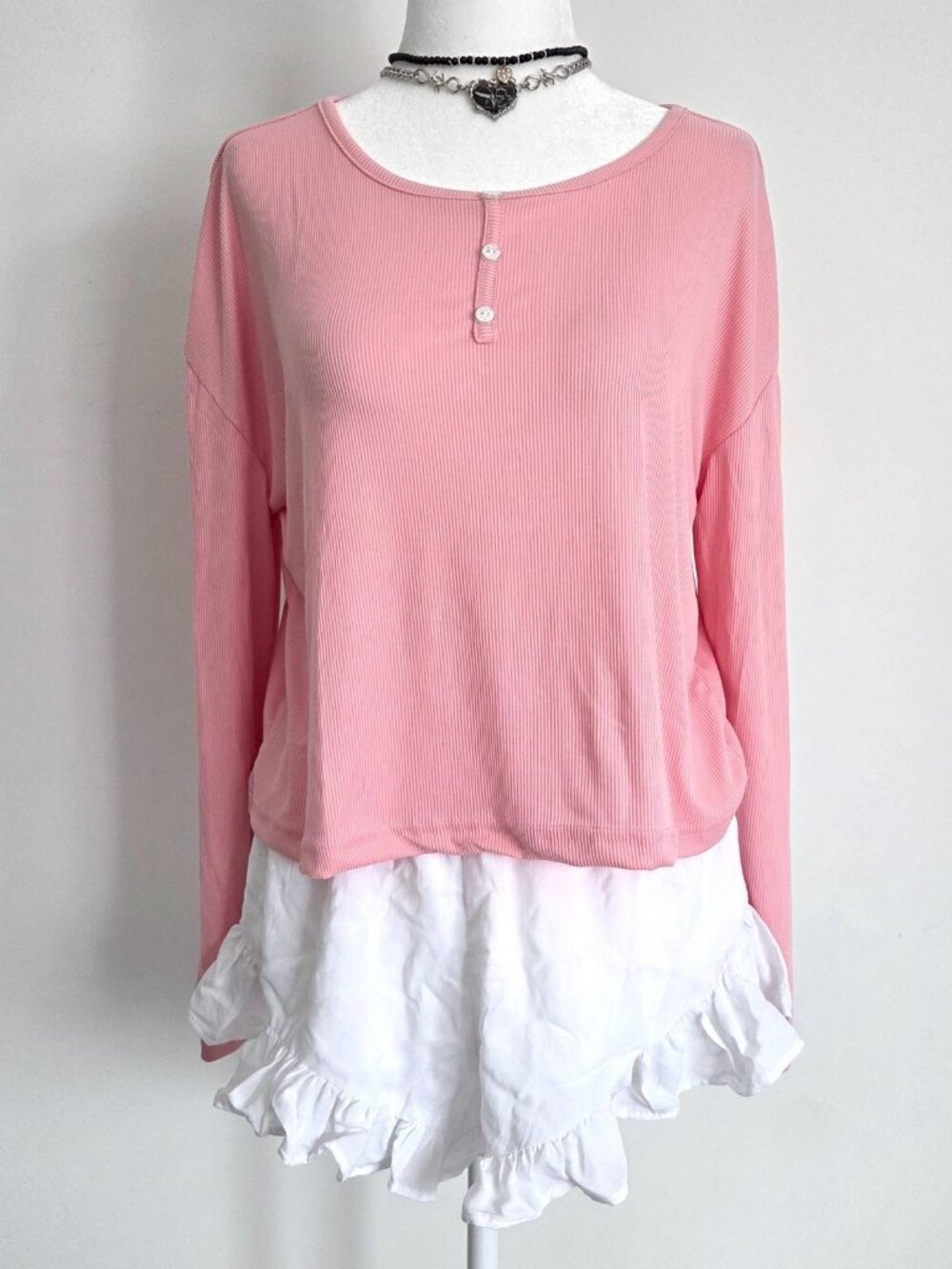 NWOT Fashion Nova Pink Ribbed Henley Medium Coquette Glitter Button Y2K Lounge